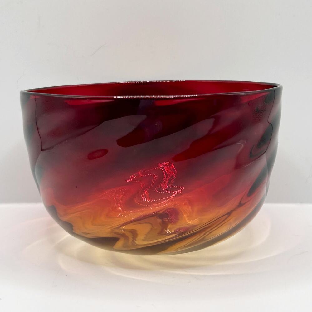 Antique Victorian Rose Amber Amberina Spiral Optic Art Glass Finger Bowl 1800s